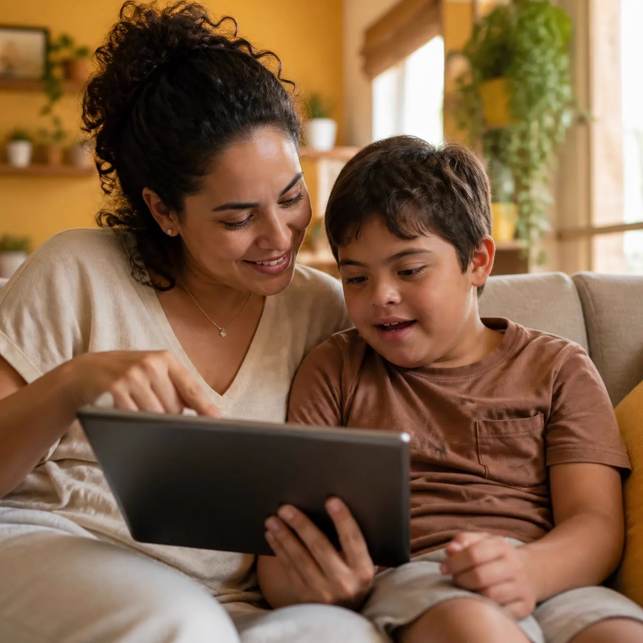 Mãe e filho autista explorando conteúdos juntos em um tablet, em ambiente familiar acolhedor.